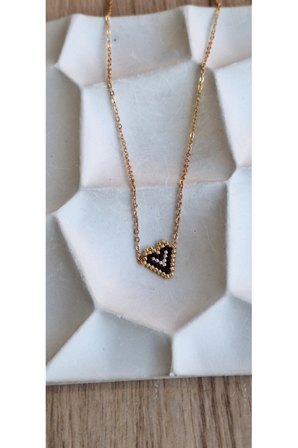 Κολιέ με Καρδούλα από Miyuki Χάντρες χρυσό-μαύρο-ασημί