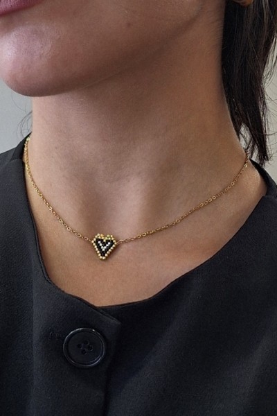 Κολιέ με Καρδούλα από Miyuki Χάντρες χρυσό-μαύρο-ασημί