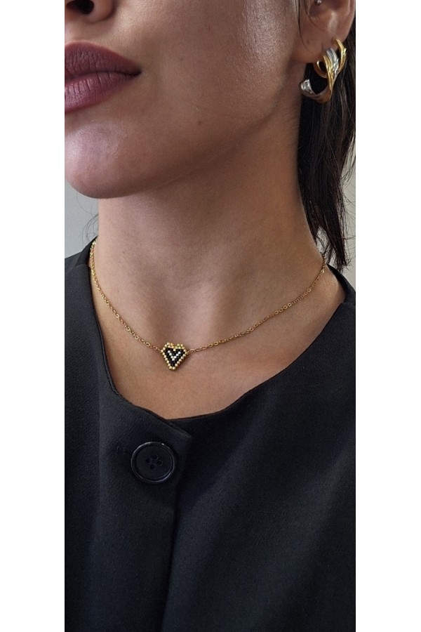 Κολιέ με Καρδούλα από Miyuki Χάντρες χρυσό-μαύρο-ασημί