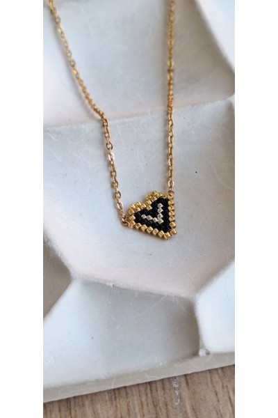 Κολιέ με Καρδούλα από Miyuki Χάντρες χρυσό-μαύρο-ασημί