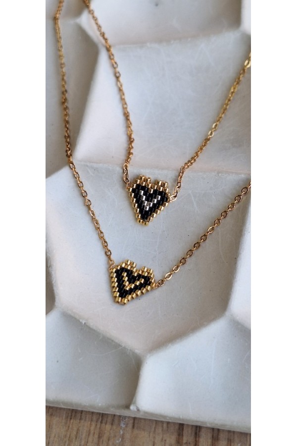 Κολιέ με Καρδούλα από Miyuki Χάντρες χρυσό-μαύρο-ασημί