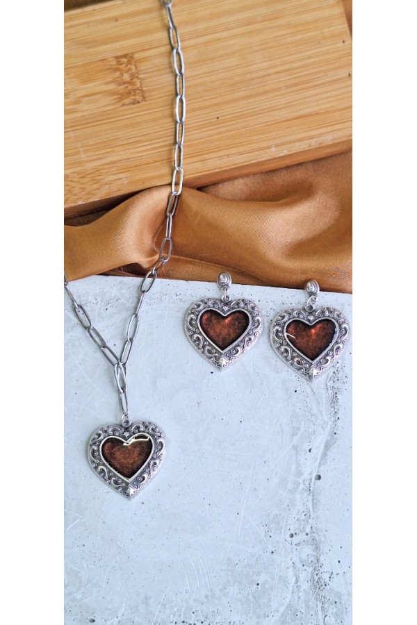 Soléa collection καρδιά καφέ επάργυρο σκουλαρίκι