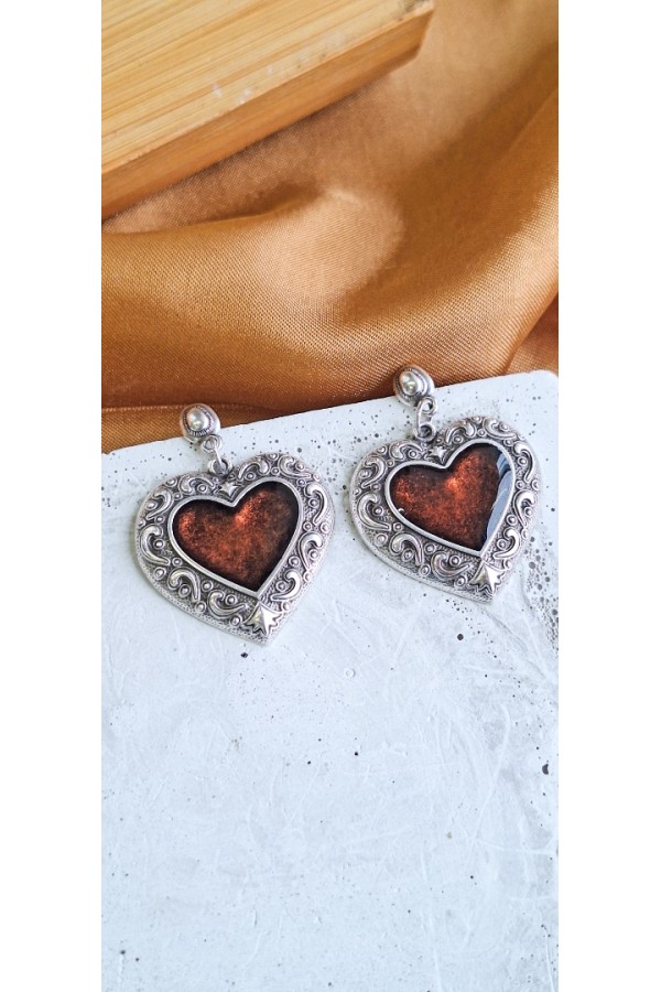 Soléa collection καρδιά καφέ επάργυρο σκουλαρίκι