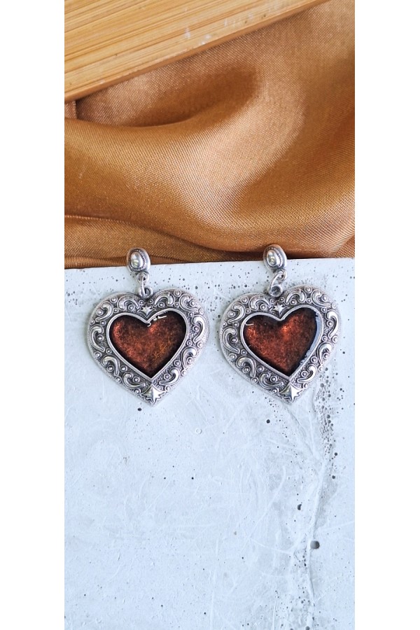 Soléa collection καρδιά καφέ επάργυρο σκουλαρίκι