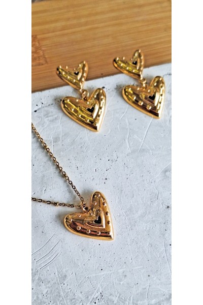 Σκουλαρίκια “Double Heart” επίχρυσα μαύρο σμάλτο