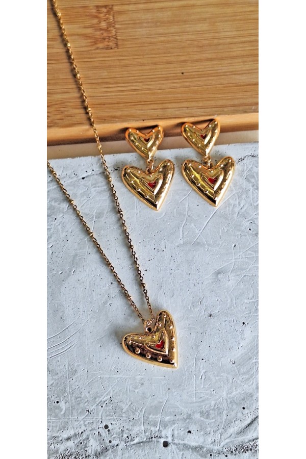 Σκουλαρίκια “Double Heart” επίχρυσα κόκκινο σμάλτο