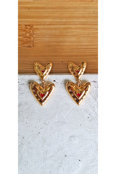 Σκουλαρίκια “Double Heart” επίχρυσα κόκκινο σμάλτο
