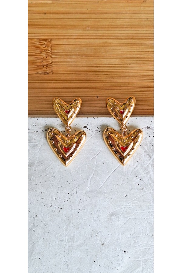 Σκουλαρίκια “Double Heart” επίχρυσα κόκκινο σμάλτο