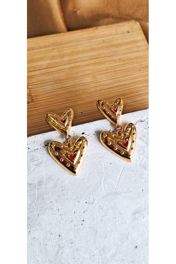 Σκουλαρίκια “Double Heart” επίχρυσα κόκκινο σμάλτο