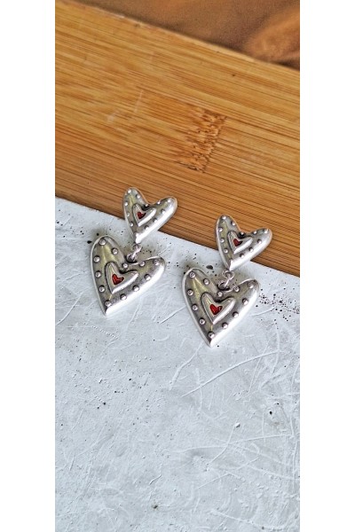 Σκουλαρίκια “Double Heart” επάργυρα κόκκινο σμάλτο