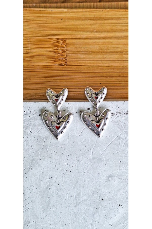 Σκουλαρίκια “Double Heart” επάργυρα κόκκινο σμάλτο