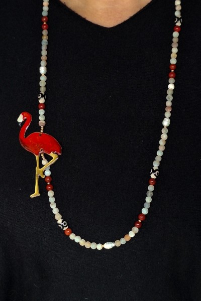 Χειροποίητο Κολιέ με Κόκκινο Φλαμίνγκο & Ημιπολύτιμες Πέτρες Χειροποίητο Κολιέ με Κόκκινο Φλαμίνγκο & Ημιπολύτιμες Πέτρες