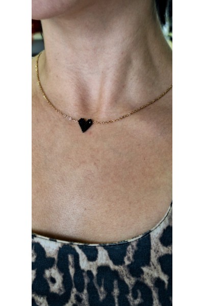 S.Steel κολιέ καρδιά με γιαπωνέζικες χάντρες Miyuki μαύρο-χρυσό