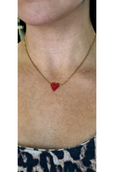 S.Steel κολιέ καρδιά με γιαπωνέζικες χάντρες Miyuki κόκκινο-χρυσό