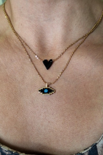 ΣΕΤ s.steel κολιέ με καρδιά και ματάκι Miyuki (ξεχωριστά) μαύρο