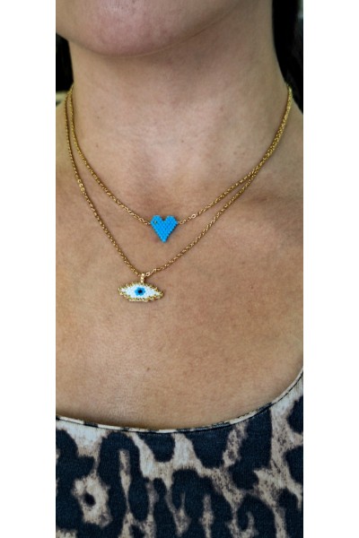 ΣΕΤ s.steel κολιέ με καρδιά και ματάκι Miyuki (ξεχωριστά) λευκό-γαλάζιο ΣΕΤ s.steel κολιέ με καρδιά και ματάκι Miyuki (ξεχωριστά) λευκό-γαλάζιο