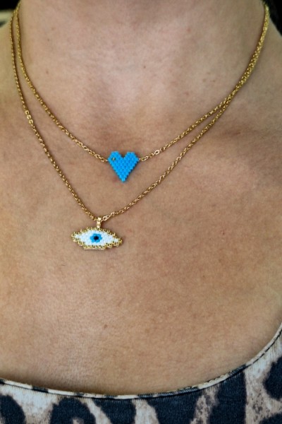ΣΕΤ s.steel κολιέ με καρδιά και ματάκι Miyuki (ξεχωριστά) λευκό-γαλάζιο