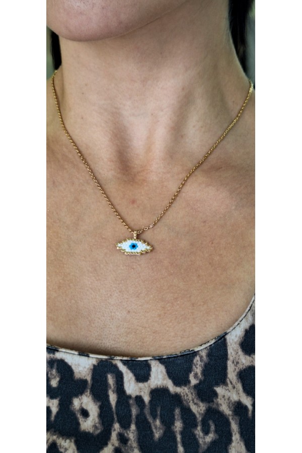 S.Steel κολιέ μάτι με γιαπωνέζικες χάντρες Miyuki χρυσό-λευκό-γαλάζιο  S.Steel κολιέ μάτι με γιαπωνέζικες χάντρες Miyuki χρυσό-λευκό-γαλάζιο