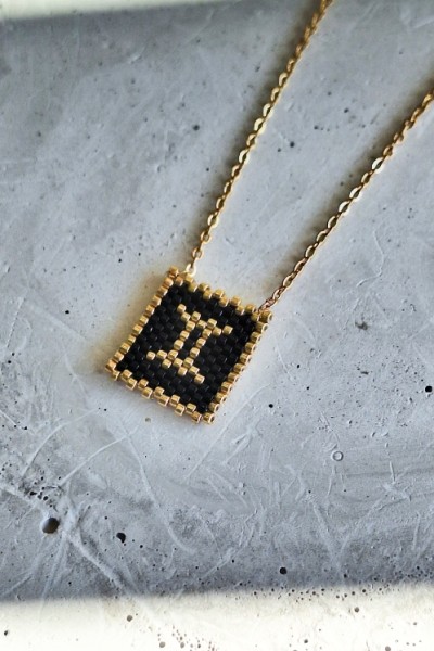 Χειροποίητο Κολιέ με Ζώδιο Δίδυμος Πλεγμένο με Γιαπωνέζικες Χάντρες Miyuki Μαύρο-Χρυσό