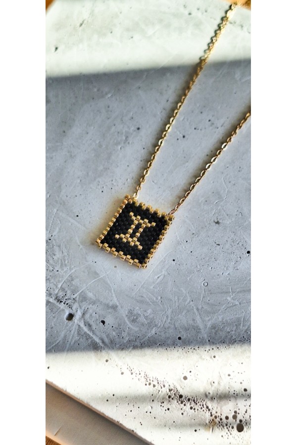 Χειροποίητο Κολιέ με Ζώδιο Δίδυμος Πλεγμένο με Γιαπωνέζικες Χάντρες Miyuki Μαύρο-Χρυσό