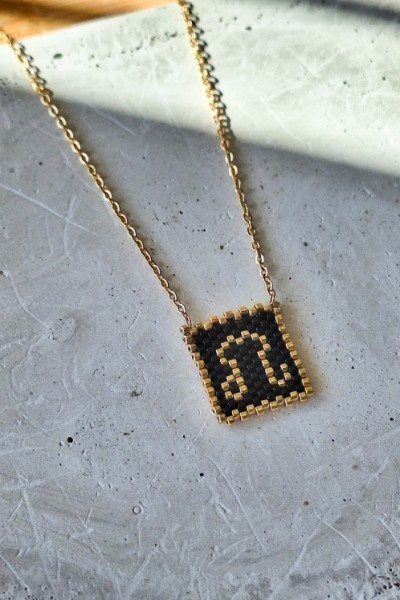 Χειροποίητο Κολιέ με Ζώδιο Λέων Πλεγμένο με Γιαπωνέζικες Χάντρες Miyuki Μαύρο-Χρυσό