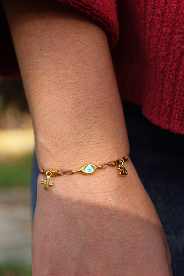 Βραχιόλι γούρι 2026 καφέ κορδόνι με σταυρό και ματάκι