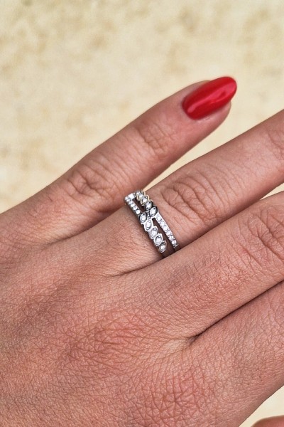 Ατσάλινο Δαχτυλίδι Διπλής Σειράς με Κρυσταλλάκια ασημί
