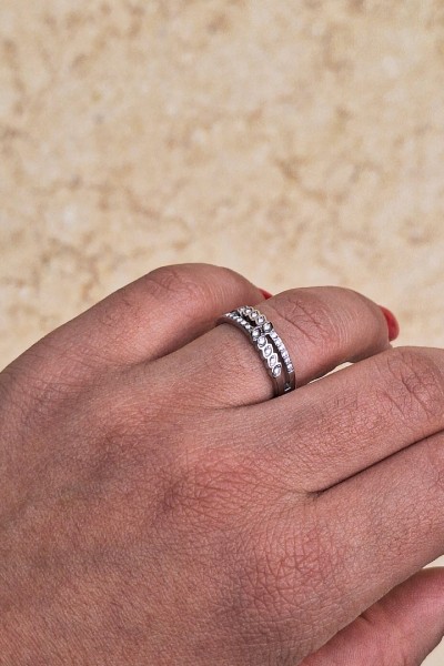 Ατσάλινο Δαχτυλίδι Διπλής Σειράς με Κρυσταλλάκια ασημί