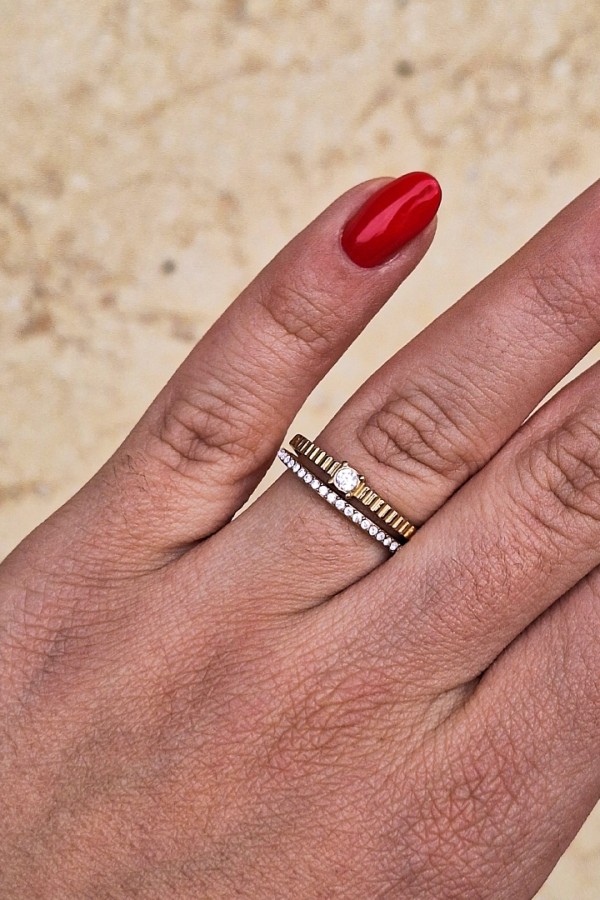 Χρυσό Ατσάλινο Δαχτυλίδι Διπλής Σειράς με Κρυσταλλάκια