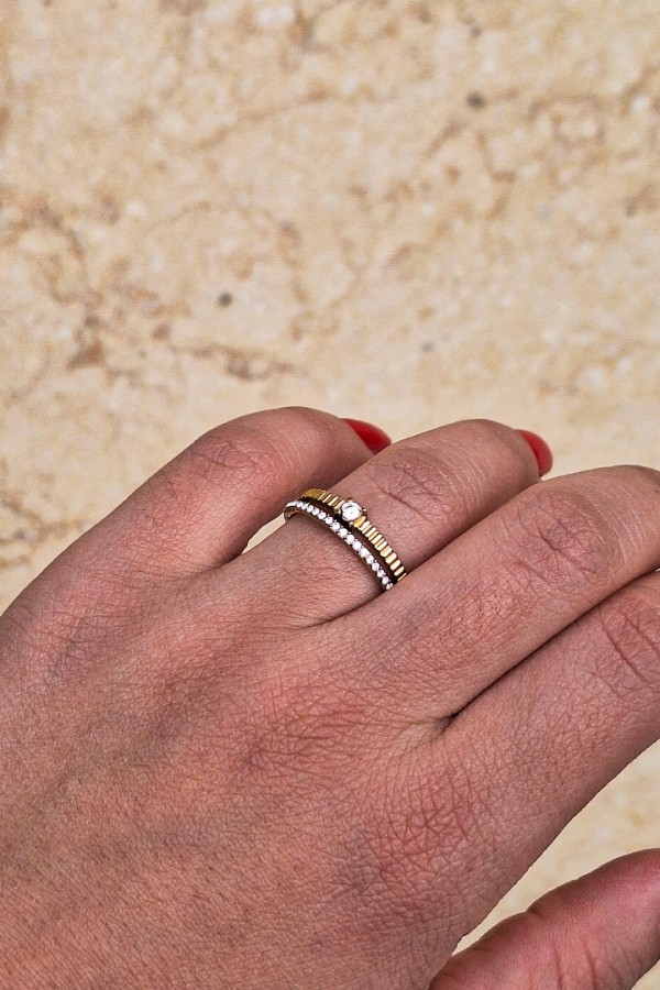 Χρυσό Ατσάλινο Δαχτυλίδι Διπλής Σειράς με Κρυσταλλάκια