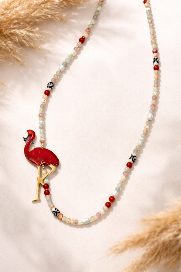 Χειροποίητο Κολιέ με Κόκκινο Φλαμίνγκο & Ημιπολύτιμες Πέτρες