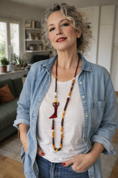 Χειροποίητο μακρύ κολιέ με φιγούρα κοπέλας με κόκκινο φόρεμα και μαύρα γάντια & ημιπολύτιμες πέτρες