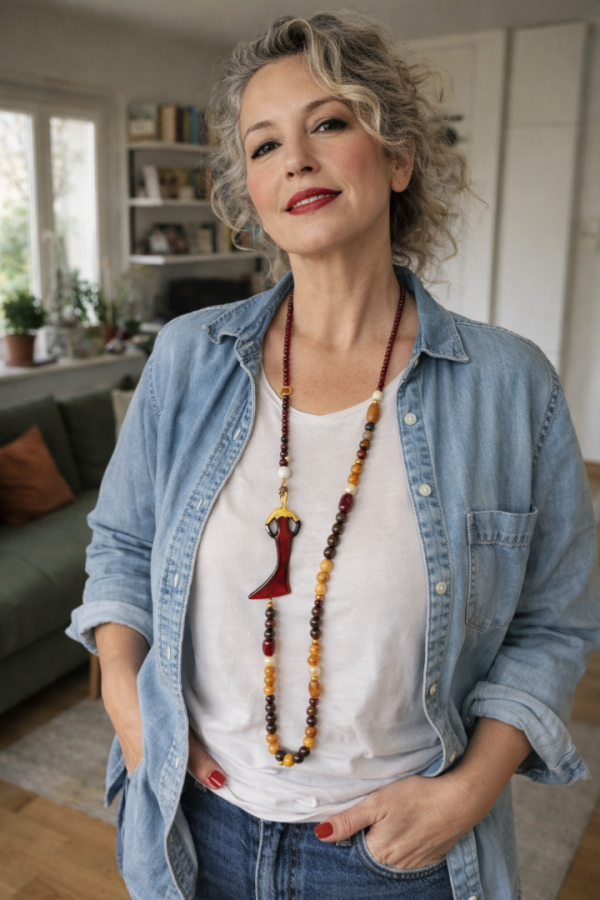 Χειροποίητο μακρύ κολιέ με φιγούρα κοπέλας με κόκκινο φόρεμα και μαύρα γάντια & ημιπολύτιμες πέτρες