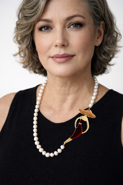 Χειροποίητο κολιέ με μαργαριτάρια & φιγούρα κόκκινο