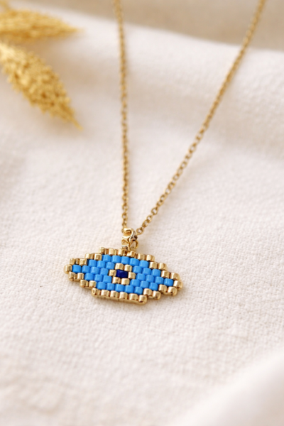 S.Steel κολιέ μάτι με γιαπωνέζικες χάντρες Miyuki χρυσό-γαλάζιο