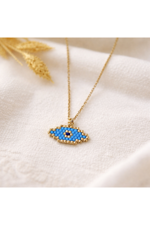 S.Steel κολιέ μάτι με γιαπωνέζικες χάντρες Miyuki χρυσό-γαλάζιο