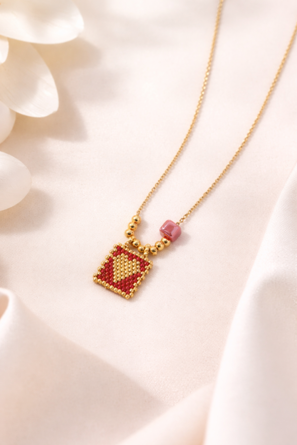 S.Steel κολιέ πλαίσιο καρδιά με γιαπωνέζικες χάντρες miyuki κόκκινο-χρυσό 