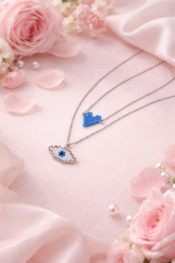 ΣΕΤ s.steel κολιέ με καρδιά και ματάκι Miyuki (ξεχωριστά) λευκό-γαλάζιο ασημί