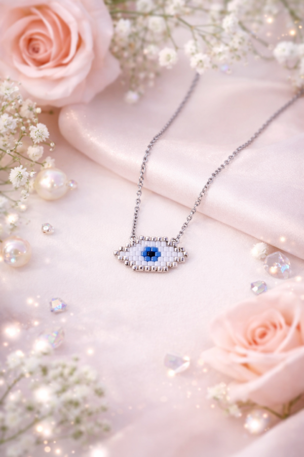 S.Steel κολιέ μάτι με γιαπωνέζικες χάντρες Miyuki ασημί-λευκό-γαλάζιο 