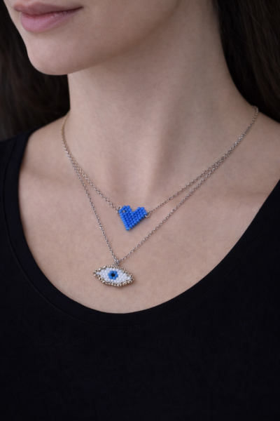 ΣΕΤ s.steel κολιέ με καρδιά και ματάκι Miyuki (ξεχωριστά) λευκό-γαλάζιο ασημί