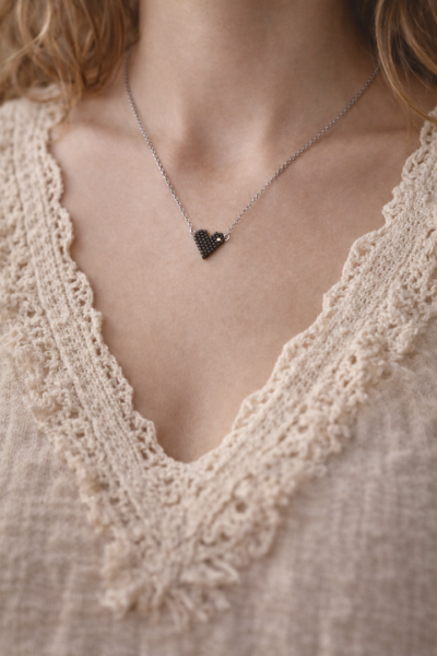 S.Steel κολιέ καρδιά με γιαπωνέζικες χάντρες Miyuki ασημί