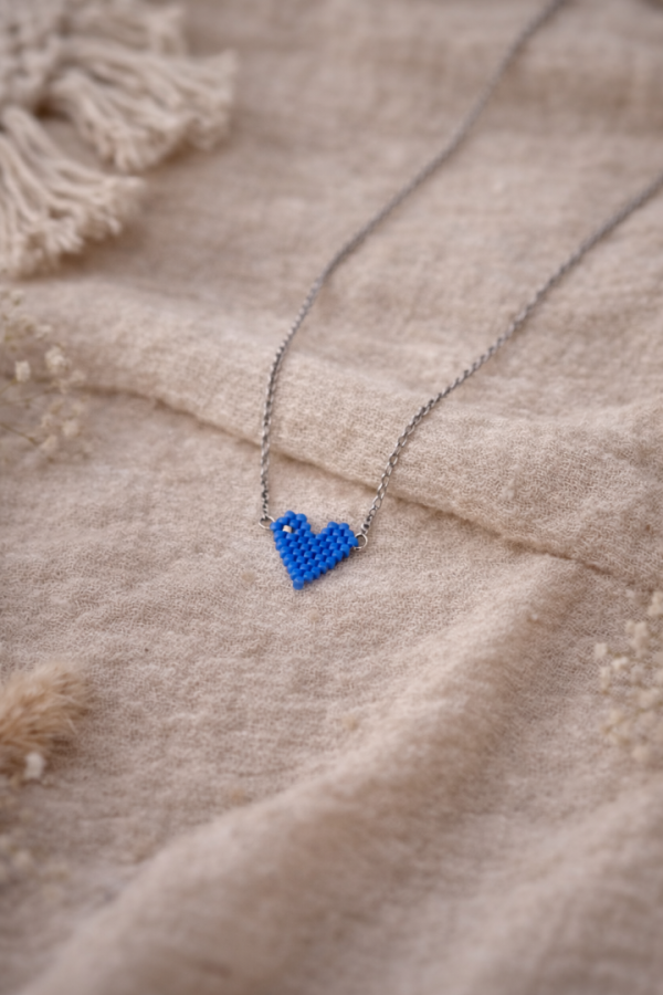 S.Steel κολιέ καρδιά με γιαπωνέζικες χάντρες Miyuki γαλάζιο-ασημί