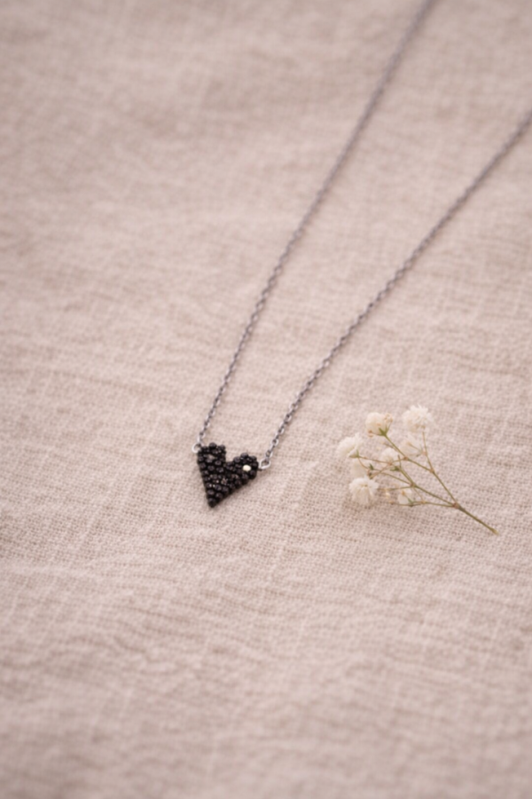 S.Steel κολιέ καρδιά με γιαπωνέζικες χάντρες Miyuki ασημί