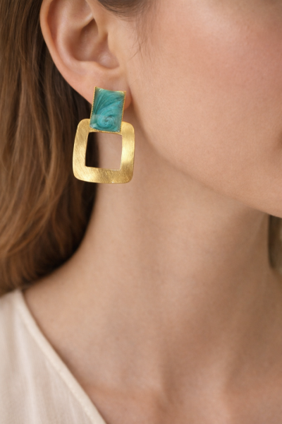 Χειροποίητο καρφωτό σκουλαρίκι τετράφωνο πράσινο