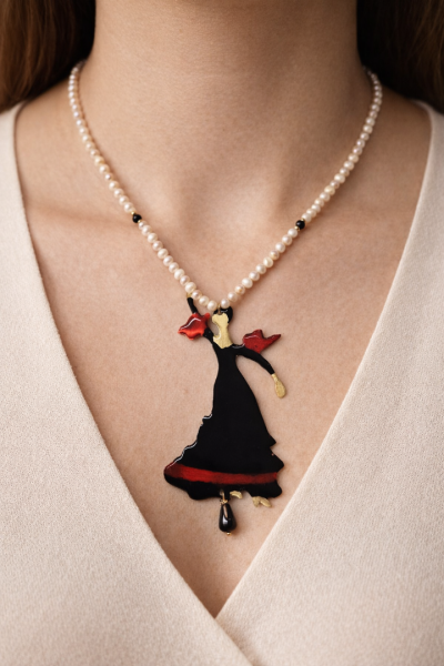 Χειροποίητο κολιέ με μαργαριτάρια με κοπέλα μαύρο-κόκκινο