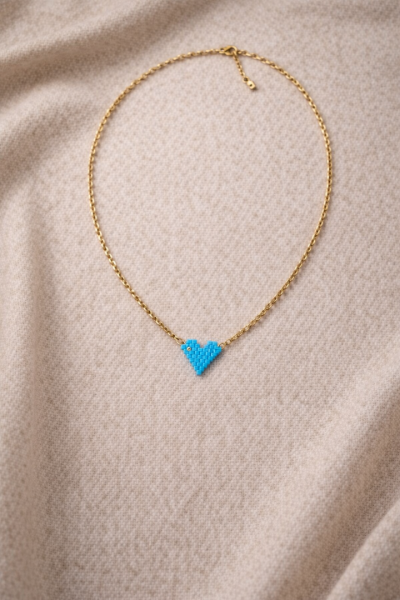 S.Steel κολιέ καρδιά με γιαπωνέζικες χάντρες Miyuki γαλάζιο-χρυσό