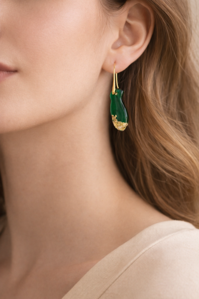 Χειροποίητο σκουλαρίκι πράσινο με φύλλα χρυσού 