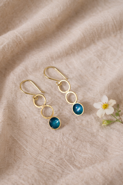 Χειροποίητα κρεμαστά σκουλαρίκια τριπλα κυκλάκια γαλάζο-πράσινο