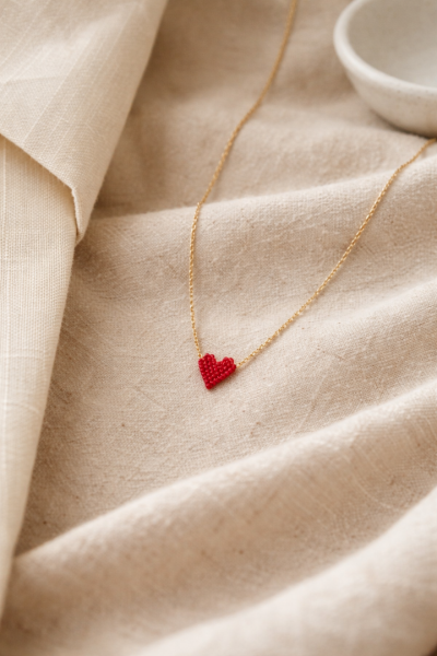 S.Steel κολιέ καρδιά με γιαπωνέζικες χάντρες Miyuki κόκκινο-χρυσό