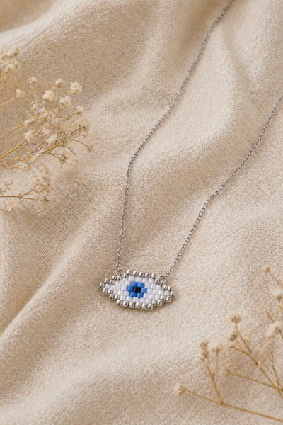 S.Steel κολιέ μάτι με γιαπωνέζικες χάντρες Miyuki ασημί-λευκό-γαλάζιο 